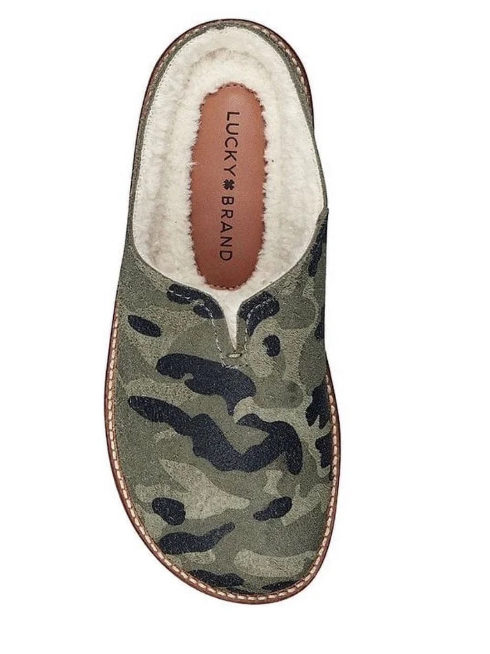 NIB Lucky Brand Olive and Black Camo Faux-Shearling Mule